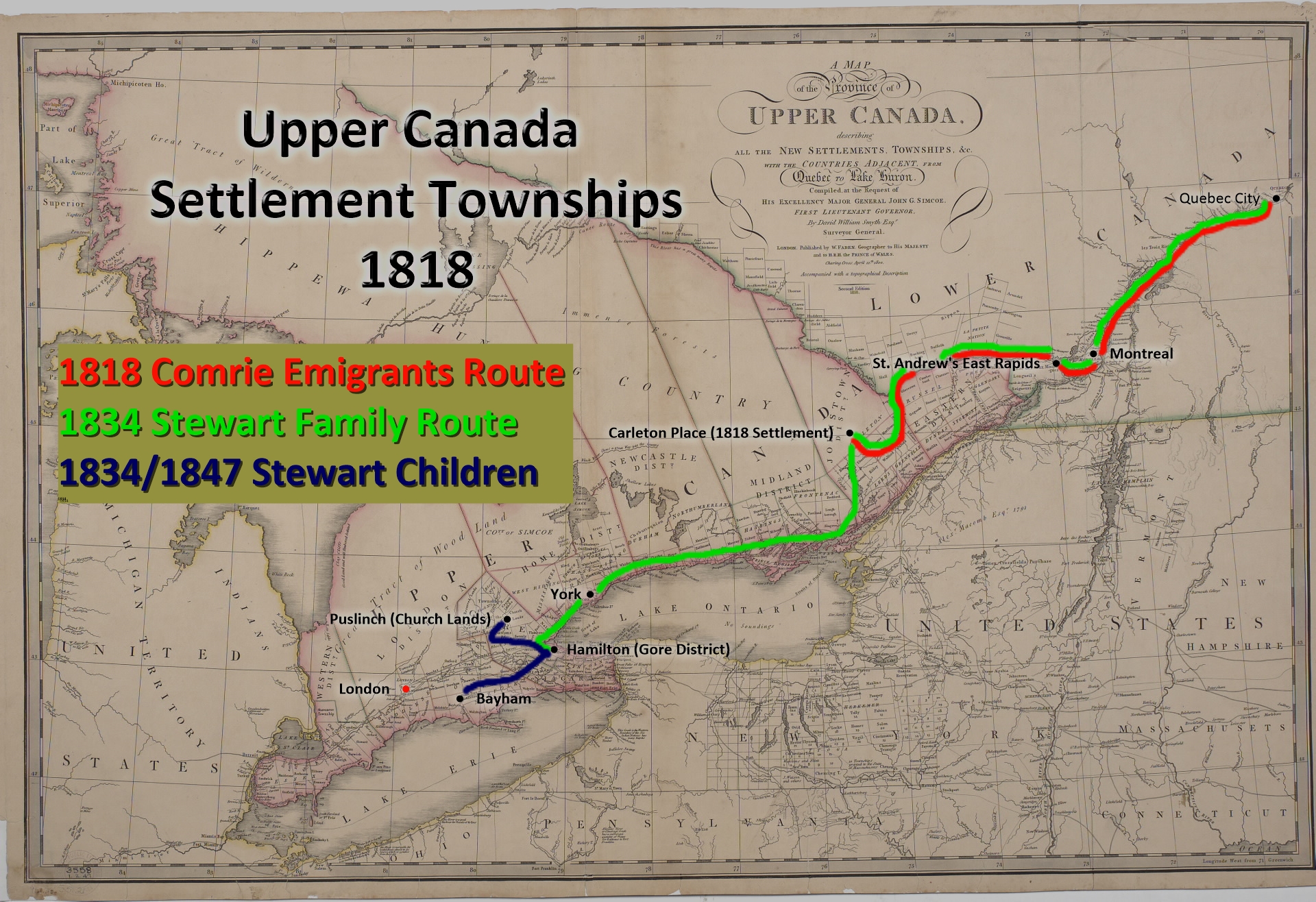 Map of Ontario from 1818 with immigration routes drawn onto it