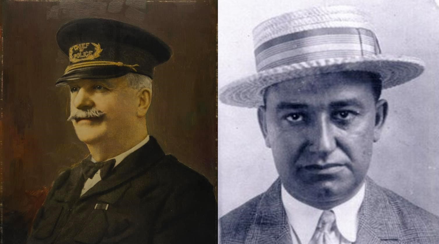 colourized head shot of a police officer in uniform side-by-side with a black and white head shot of a sharply dressed Italian man wearing a suit and straw hat
