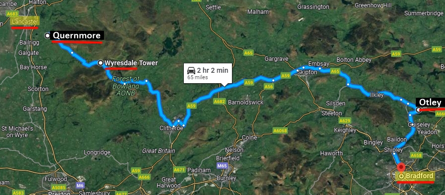 map of the route from Lancaster to Bradford through Quernmore and Otley